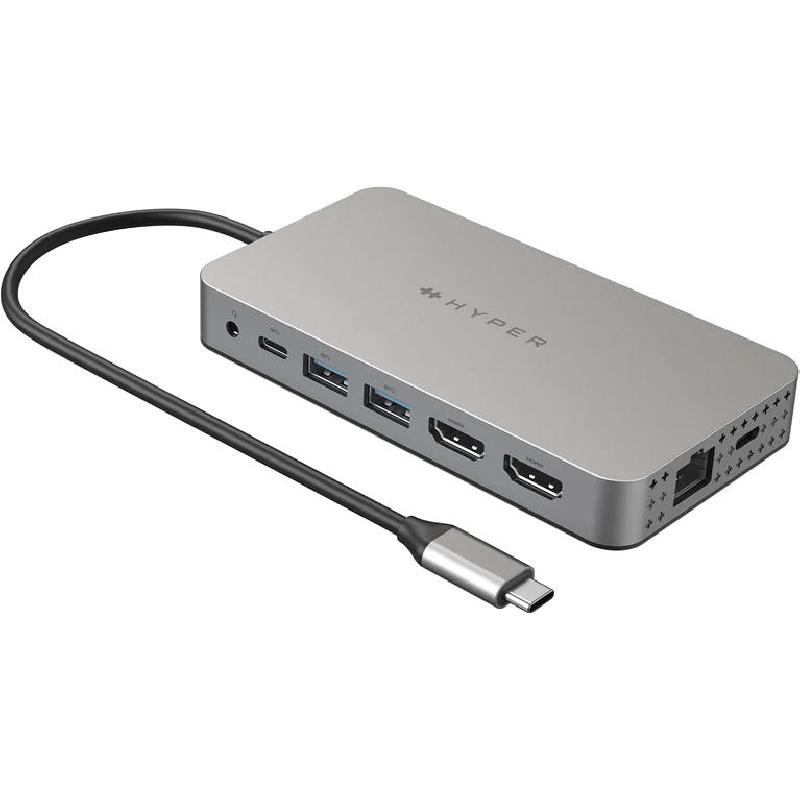 Hyper HyperDrive Multi-port Station, USB-C, 10 Port (2X HDMI/2X USB-C/2X USB-A/SD/Micro SD/RJ-45/3.5 mm Audio Jack), Silver