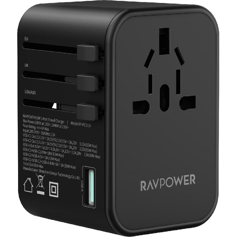 RAVPower RP-PC1034 65W 3-Port Travel Charger Universal Power Adapter