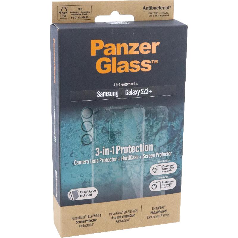 PanzerGlass 3-in-1 Pack Hard Case + Screen Protector + Camera Lens Protector Smartphone Case Bundle, for Samsung Galaxy S23+, Clear