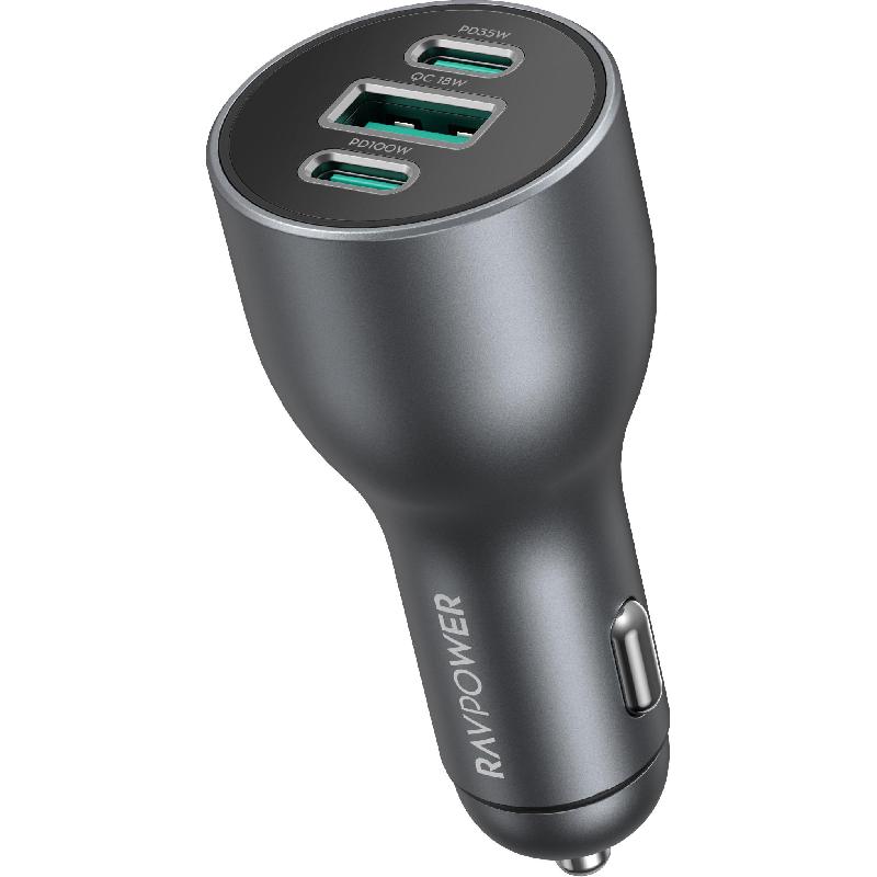 RAVPower PD 100W 3-Port Car Charger, USB PD (Power Delivery), 100 Watts, 3 USB (2X USB-C/1X USB), Grey