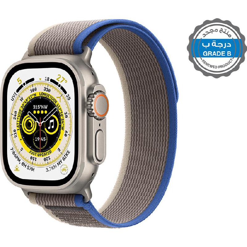 Renewed Grade B Apple Watch Ultra, GPS + Cellular, eSIM Supported, Natural Titanium Case/Blue/Grey Trail Loop - Medium/Large