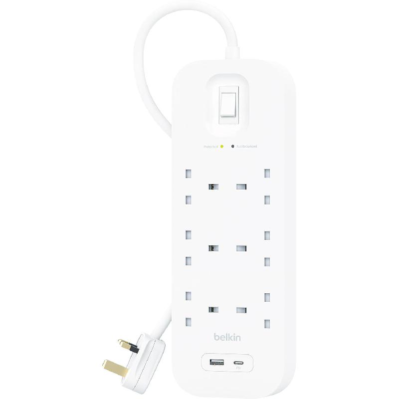 Belkin Surge Protector + USB Charger, 6 Outlet;2 Port (1X USB/1X USB-C), 2.00 m ( 6.56 ft )