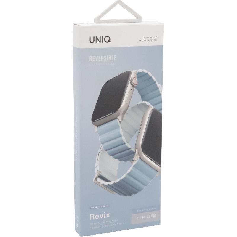 Uniq Revix Premium Edition Wrist Strap, for Apple Watch Series 11 42/Watch Series 10 42/Watch Series 9 41/Watch SE 40, Silicone/Leather, Arctic/Soft Blue