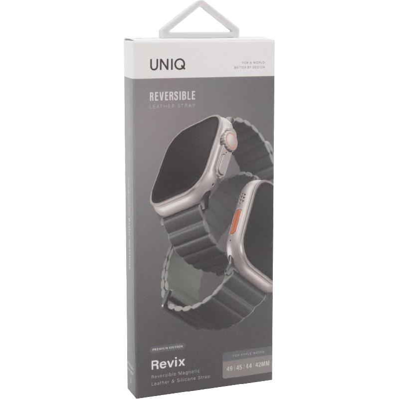 Uniq Revix Premium Edition Wrist Strap, for Watch Ultra 3/Watch Ultra 2/Watch Series 11 46/Watch Series 10 46, Leather/Silicone, Charcoal/Grey