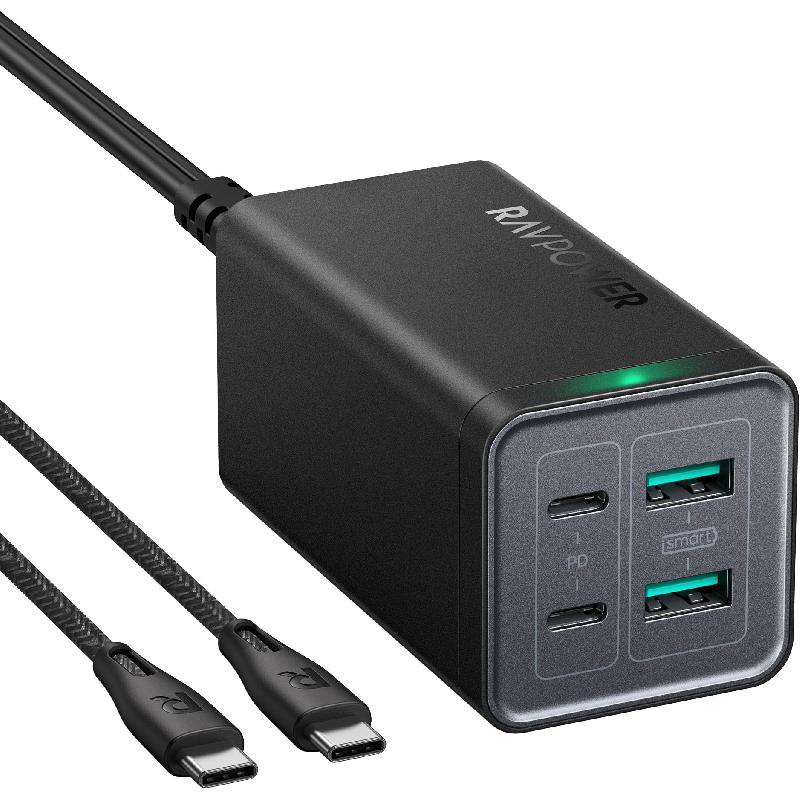 RAVPower 4-Port Desktop USB Charging Station, USB PD (Power Delivery), 120 Watts, 4 USB (2X USB/2X USB-C), Black