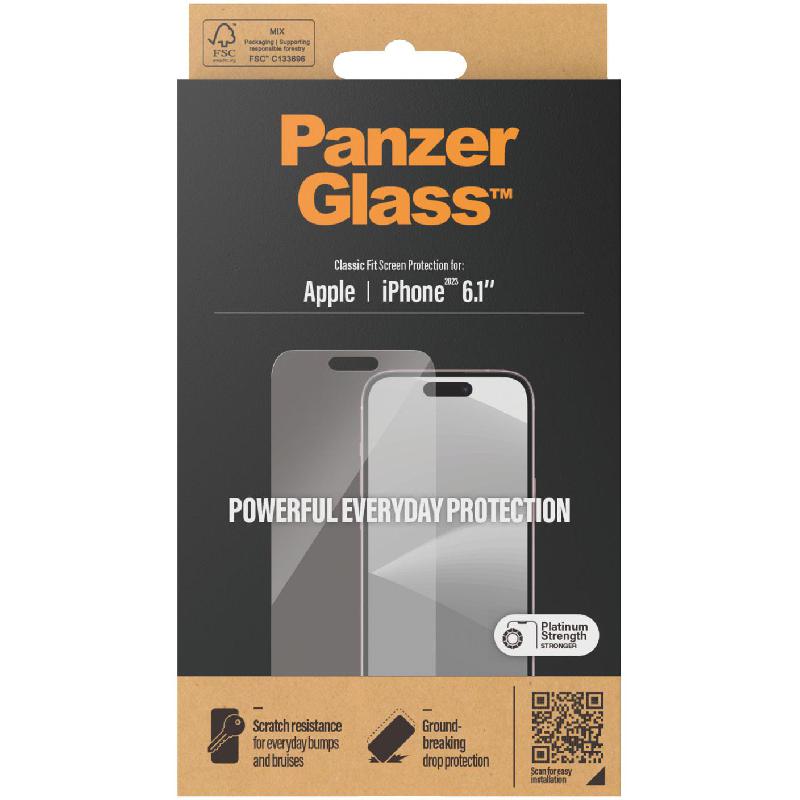 PanzerGlass Classic Fit Smartphone Screen Protector, Tempered Glass, Clear, for iPhone 15