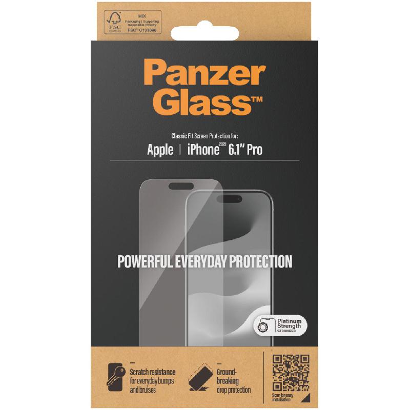 PanzerGlass Classic Fit Smartphone Screen Protector, Tempered Glass, Clear, for iPhone 15 Pro