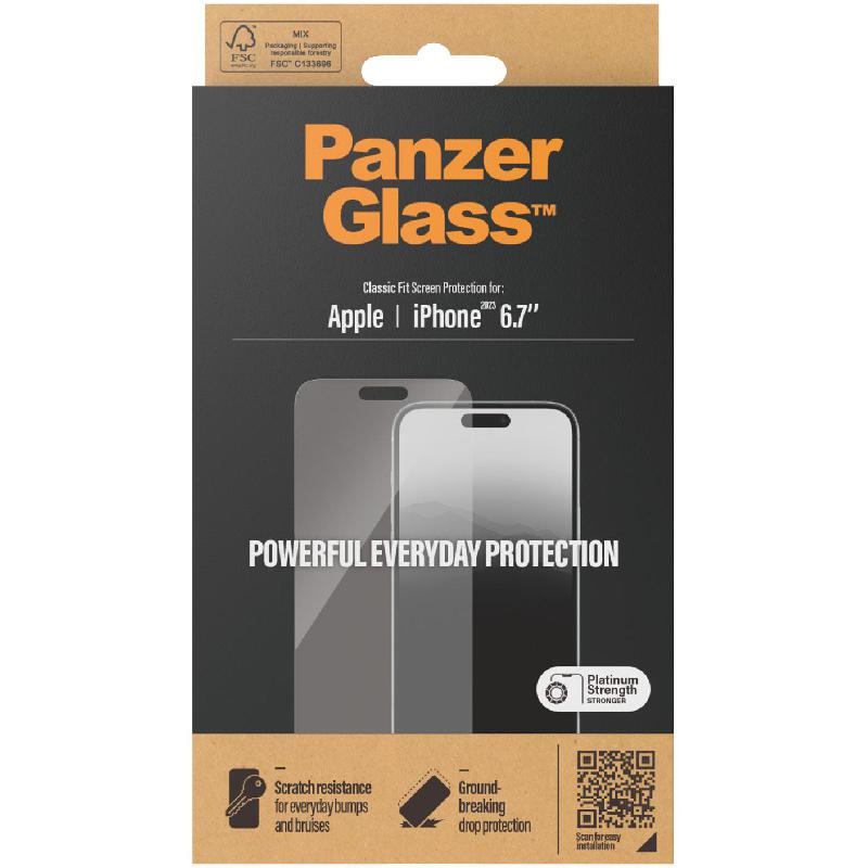 PanzerGlass Classic Fit Smartphone Screen Protector, Tempered Glass, Clear, for iPhone 15 Plus