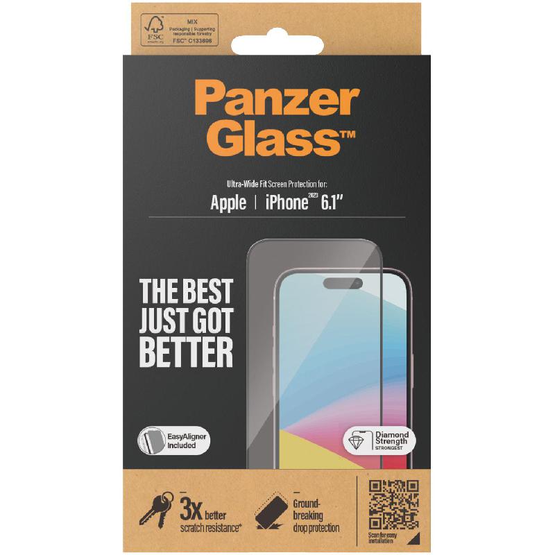 PanzerGlass Ultra-Wide Fit Smartphone Screen Protector, Tempered Glass, Clear, for iPhone 15