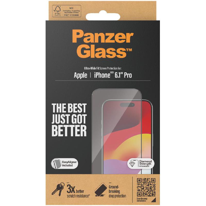 PanzerGlass Ultra-Wide Fit Smartphone Screen Protector, Tempered Glass, Clear, for iPhone 15 Pro