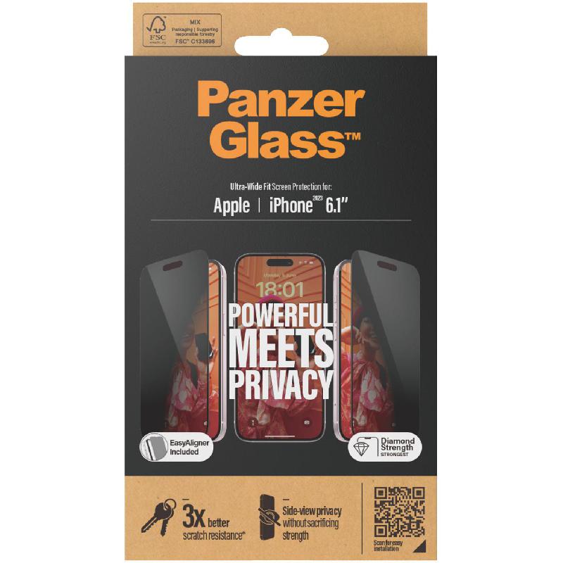 PanzerGlass Ultra-Wide Fit Smartphone Screen Protector, Tempered Glass, Privacy, for iPhone 15