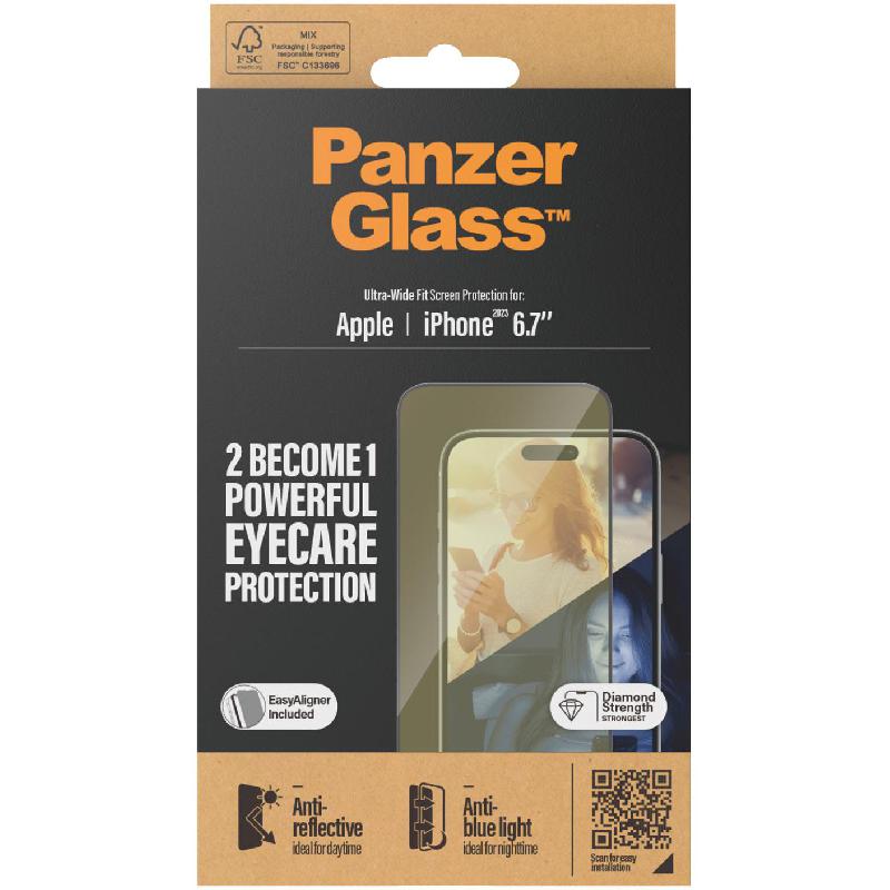 PanzerGlass Ultra-Wide Fit Smartphone Screen Protector, Tempered Glass, Anti-reflective, Anti-bluelight, for iPhone 15 Plus