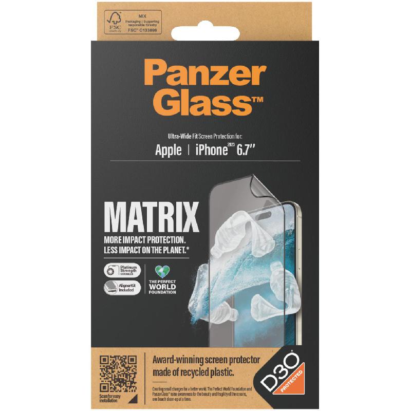 PanzerGlass Matrix Hybrid Glass Smartphone Screen Protector, PET, Components from Film and Glass, D3O Protected, for iPhone 15 Plus