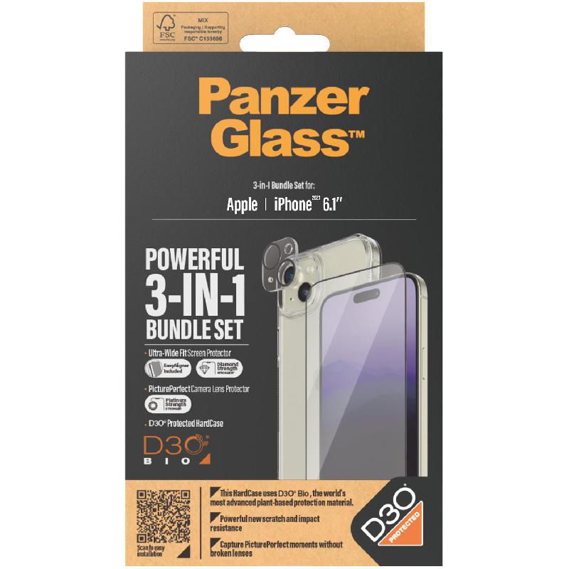 PanzerGlass 3-in-1 Pack Hard Case with D3O Protection + Screen Protector + Camera Lens Protector Smartphone Case Bundle, for iPhone 15, Clear