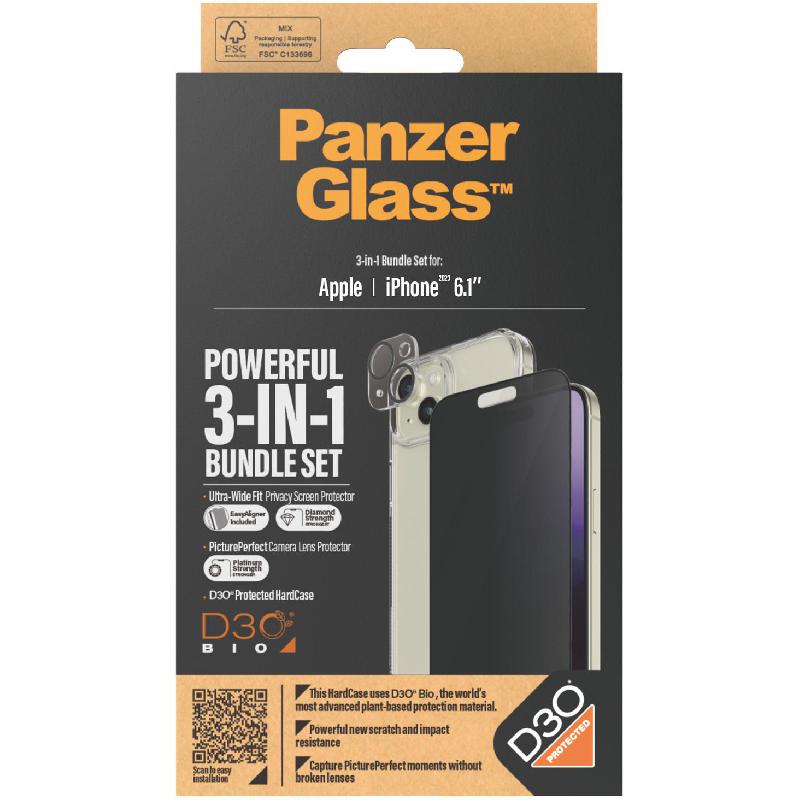 PanzerGlass Privacy 3-in-1 Hard Case + Privacy Tempered Glass + Camera Lens Protector Smartphone Case Bundle, for iPhone 15