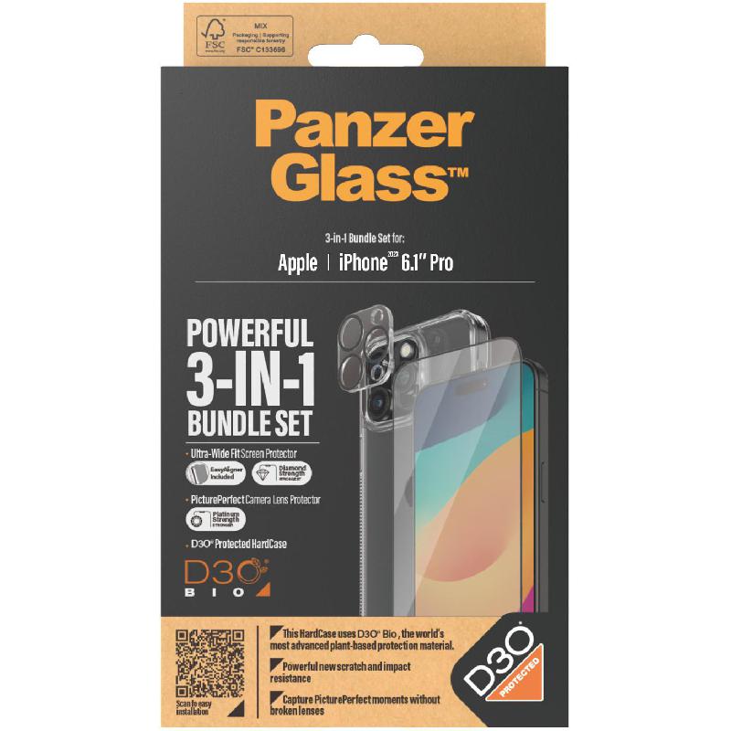 PanzerGlass 3-in-1 Pack Hard Case with D3O Protection + Screen Protector + Camera Lens Protector Smartphone Case Bundle, for iPhone 15 Pro, Clear