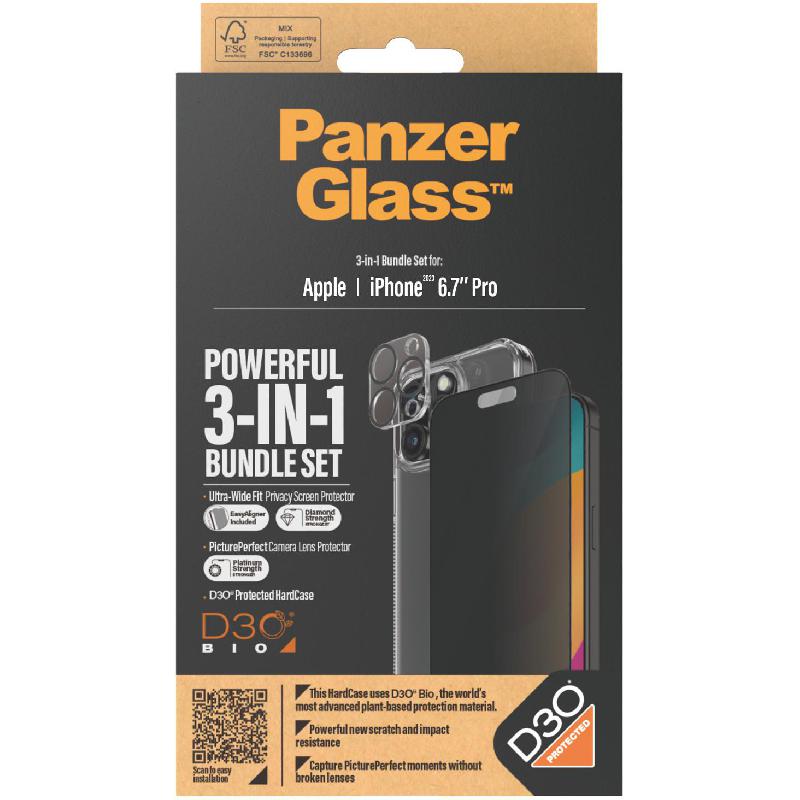 PanzerGlass Privacy 3-in-1 Hard Case with D3O Protection + Privacy Tempered Glass + Camera Lens Protector Smartphone Case Bundle, for iPhone 15 Pro Max