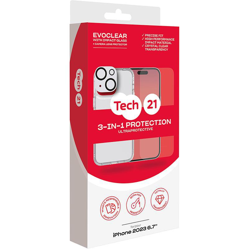 Tech21 3-in-1 Protection Pack Evo Clear Case + Impact Glass Screen Protector + Impact Shield Camera Lens Smartphone Case Bundle, for iPhone 15 Plus, Clear