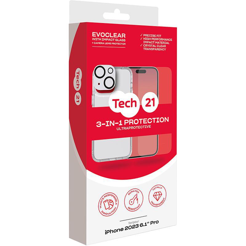 Tech21 3-in-1 Protection Pack Evo Clear Case + Impact Glass Screen Protector + Impact Shield Camera Lens Smartphone Case Bundle, for iPhone 15 Pro, Clear