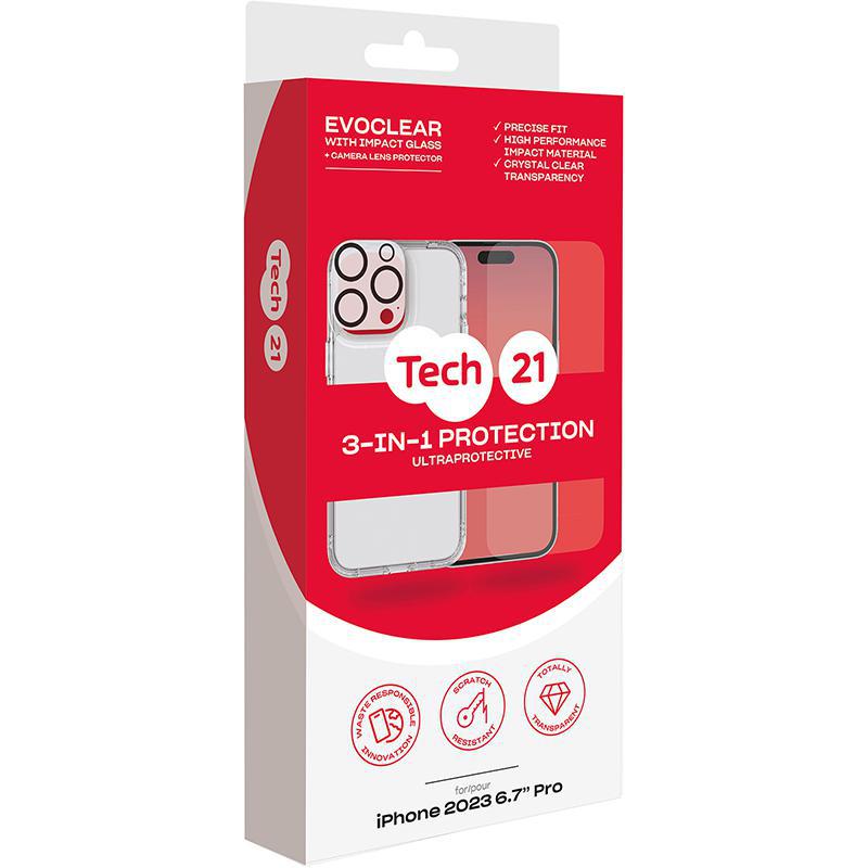 Tech21 3-in-1 Protection Pack Evo Clear Case + Impact Glass Screen Protector + Impact Shield Camera Lens Smartphone Case Bundle, for iPhone 15 Pro Max, Clear