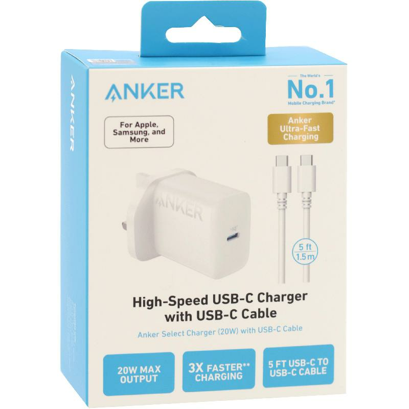 Anker 312 Wall Charger with Cable, USB PD (Power Delivery), 20W, Single USB-C, White