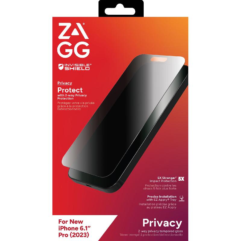 Zagg Invisible Shield Elite Privacy Edge Case Friendly Smartphone Screen Protector, for iPhone 15 Pro, Tempered Glass, 4-way Privacy Filter