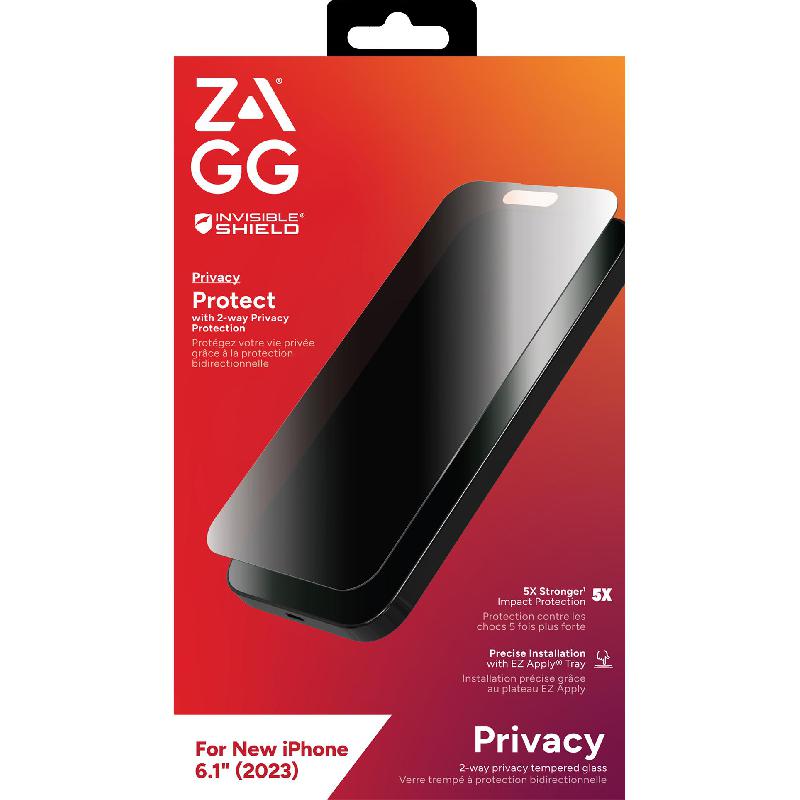 Zagg Invisible Shield Elite Privacy Edge Case Friendly Smartphone Screen Protector, Tempered Glass, 4-way Privacy Filter, for iPhone 15