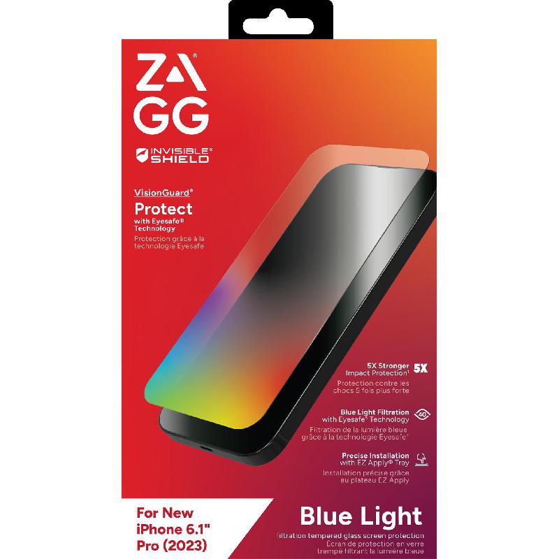 Zagg Invisible Shield Glass Elite VisionGuard Case Friendly Smartphone Screen Protector, for iPhone 15 Pro, Tempered Glass, Eyesafe Technology Filters 40% of Peak Toxic Blue Light