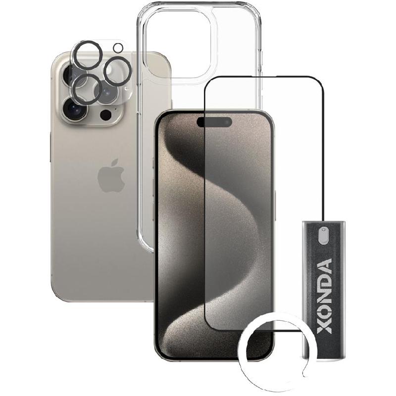 Xonda 4-in-1 Clear Case + Tempered Glass + Camera Lens + Anti-bacterial Spray Smartphone Case Bundle, for iPhone 15 Pro, Clear