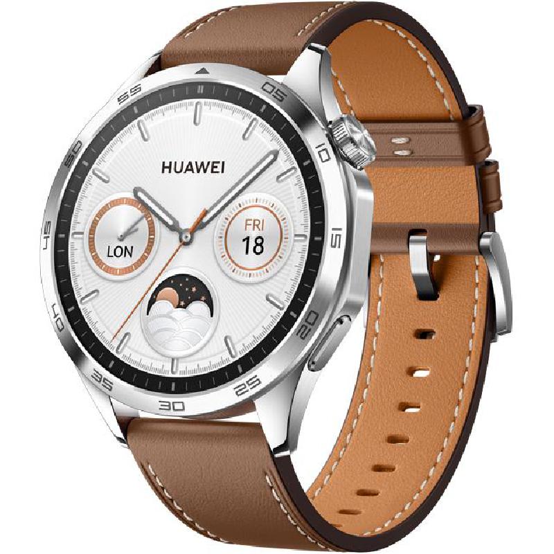 Huawei Watch GT 4 46 Smartwatch, GPS, 1.43", Silver Stainless Steel Case, Brown Leather Strap