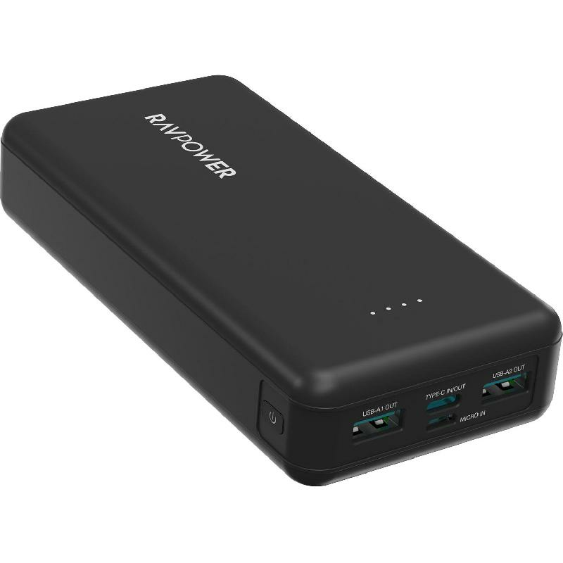 RAVPower PD Pioneer 15W 4-Port Power Bank, Fast Battery Charging, 20000 mAh, 4 USB, Black