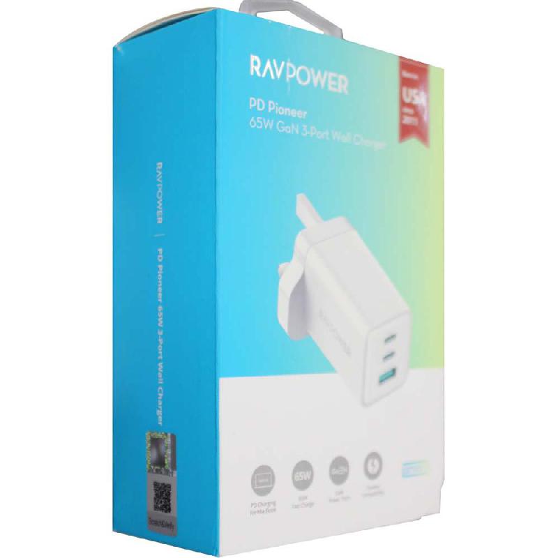 RAVPower RP-PC172 3-Port Wall Charger, USB PD (Power Delivery), 65 Watts, 3 USB (2X USB-C/1X USB), White
