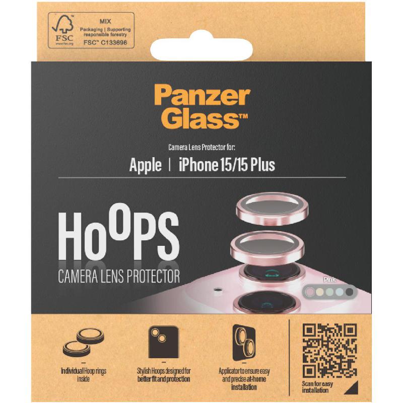 PanzerGlass Hoops Camera Lens Protector (Individual Ring) Smartphone Camera Accessory, for iPhone 15/iPhone 15 Plus, Pink