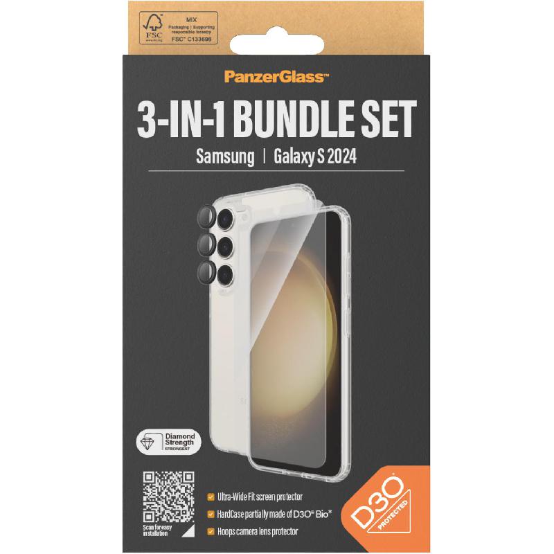 PanzerGlass 3-in-1 Protection Pack Hard Case with D3O Protection + Screen Protector + Hoops Camera Lens Protector Smartphone Case Bundle, for Samsung Galaxy S24, Clear