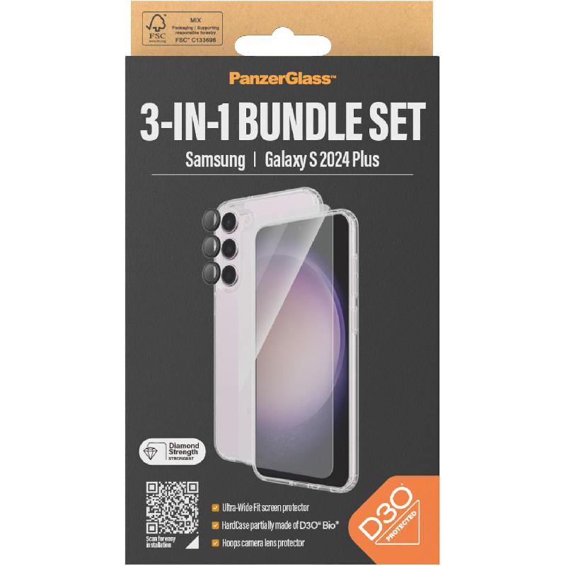 PanzerGlass 3-in-1 Protection Pack Hard Case with D3O Protection + Screen Protector + Hoops Camera Lens Protector Smartphone Case Bundle, for Samsung Galaxy S24+, Clear