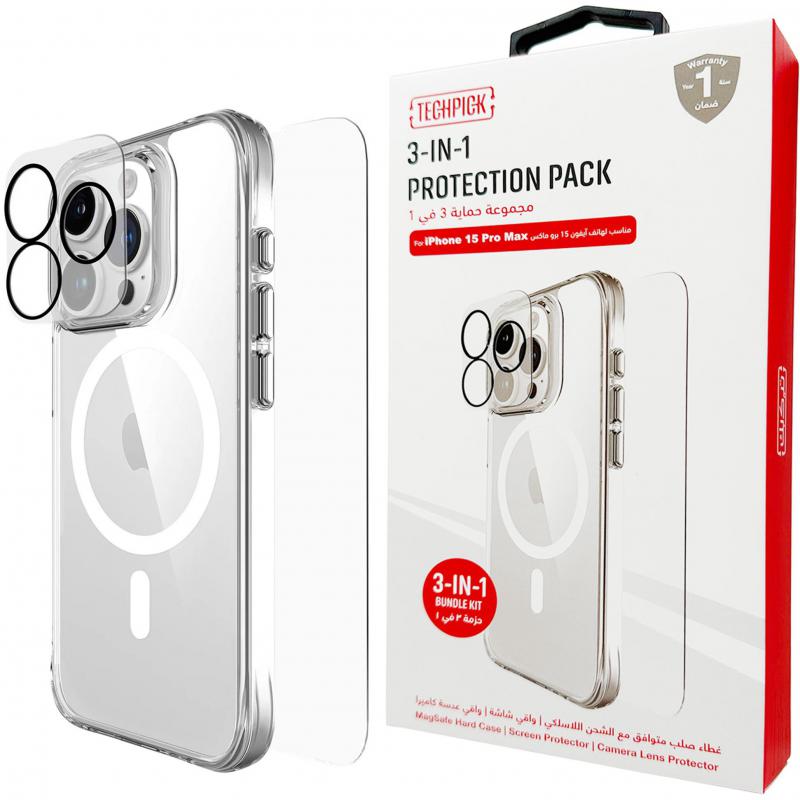 Techpick 3-in-1 Protection Pack MagSafe Hard Case + Tempered Glass + Camera Lens Protector Smartphone Case Bundle, for iPhone 15 Pro Max, Clear