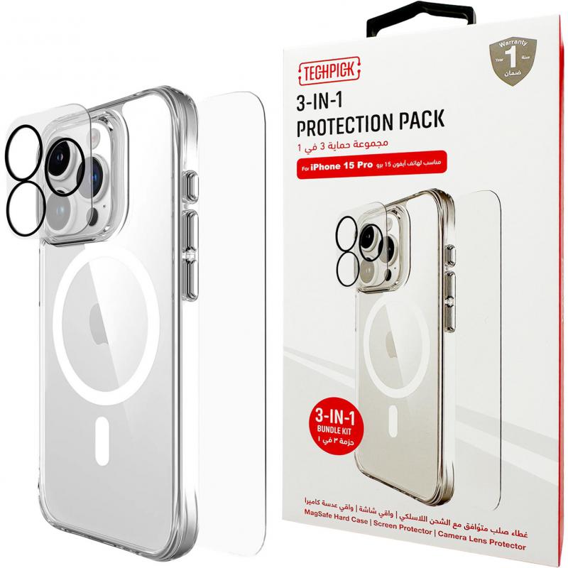 Techpick 3-in-1 Protection Pack MagSafe Hard Case + Tempered Glass + Camera Lens Protector Smartphone Case Bundle, for iPhone 15 Pro, Clear