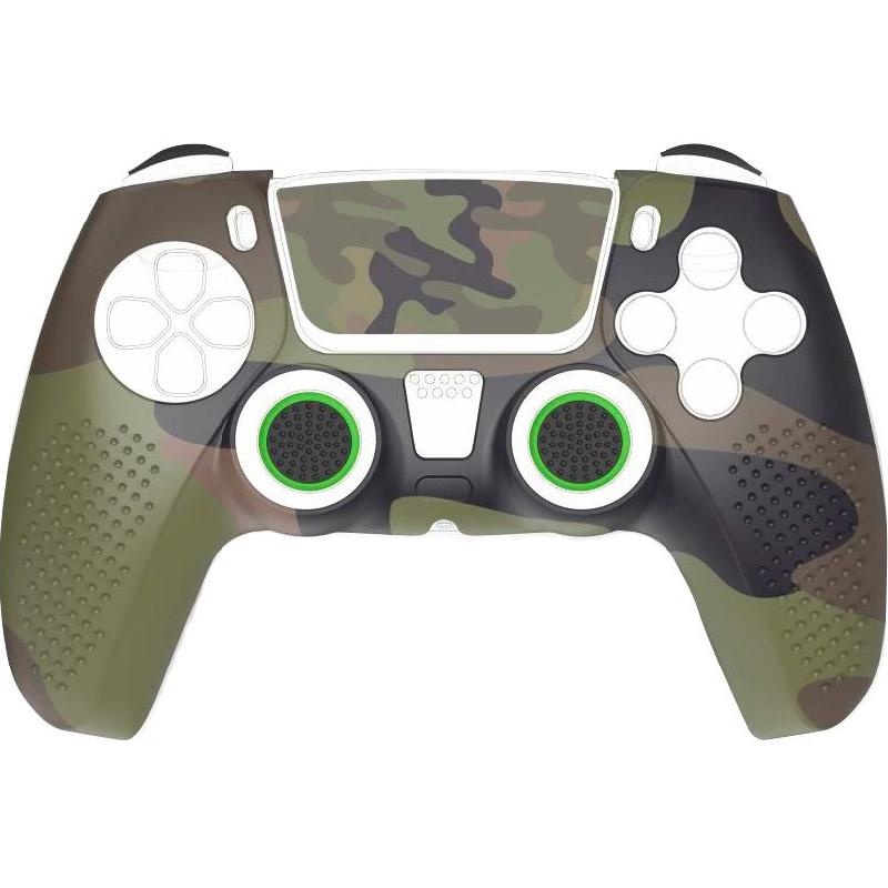 Hama 6-in-1 Set Grip Cover;Analogue Stick Attachement;Trigger Attachement;Sticker for Lightbar, for PlayStation 5, Camouflage (Green)