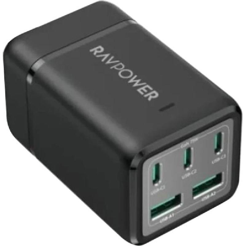 RAVPower 5-Port Desktop Charger, USB PD (Power Delivery), 75 Watts, 5 USB (3X USB-C/2X USB), Black