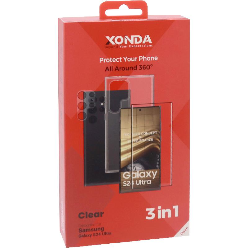 Xonda 3-in-1 Clear Case + Tempered Glass + Camera Lens Protector Smartphone Case Bundle, for Samsung Galaxy S24 Ultra, Clear