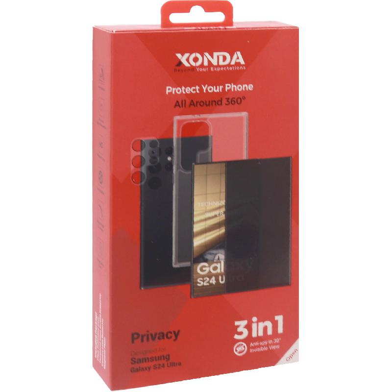 Xonda 3-in-1 Clear Case + Privacy Tempered Glass + Camera Lens Protector Smartphone Case Bundle, for Samsung Galaxy S24 Ultra, Clear