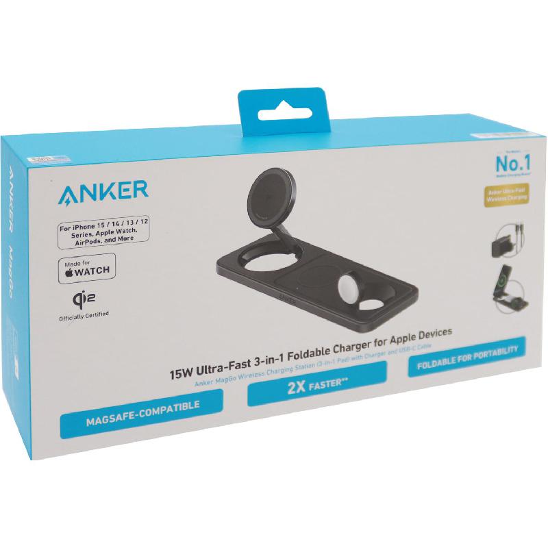 Anker MagGo 3-in-1 Wireless Charging Station, Qi2, 15 Watts, Black