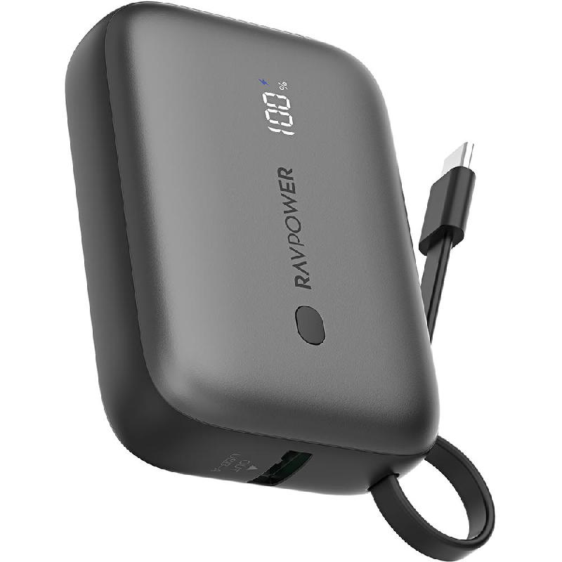 RAVPower PD Pioneer 20W 2-Port Built-in USB-C Cable Power Bank, PD Fast Charging, 10000 mAh, Dual USB (USB (QC 3.0)/USB-C PD), Black