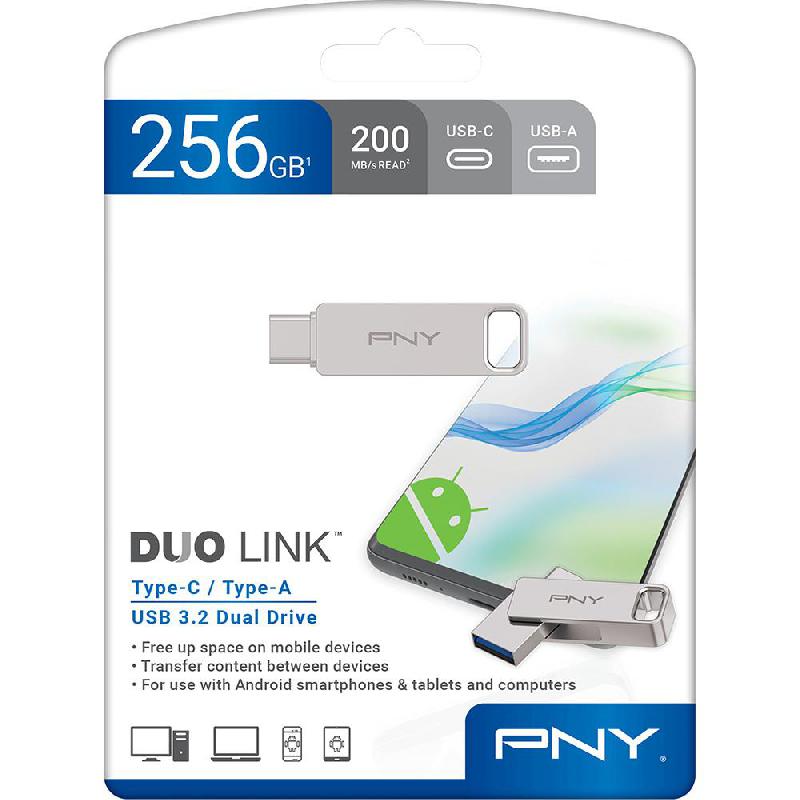 PNY TECHNOLOGIES Duo-Link USB 3.2 OTG Drive (USB-C/USB), 256 GB, Silver