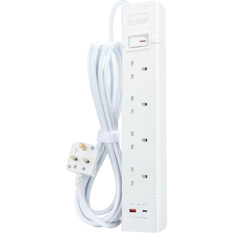 ALFANAR Power Extension, 4 Outlet;2 Port (1X USB/1X USB-C), 3.00 m ( 9.84 ft )