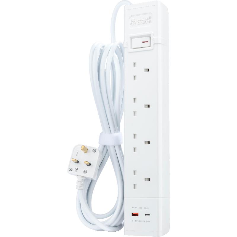 ALFANAR Power Extension, 4 Outlet;2 Port (1X USB/1X USB-C), 5.00 m ( 5.47 yd )