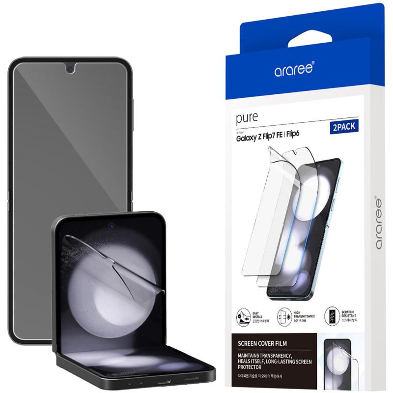 Araree Pure Scratch Protection Film Smartphone Screen Protector, for Samsung Galaxy Z Flip7 FE/Z Flip6, Front and Back Protection Film (2 Pack)
