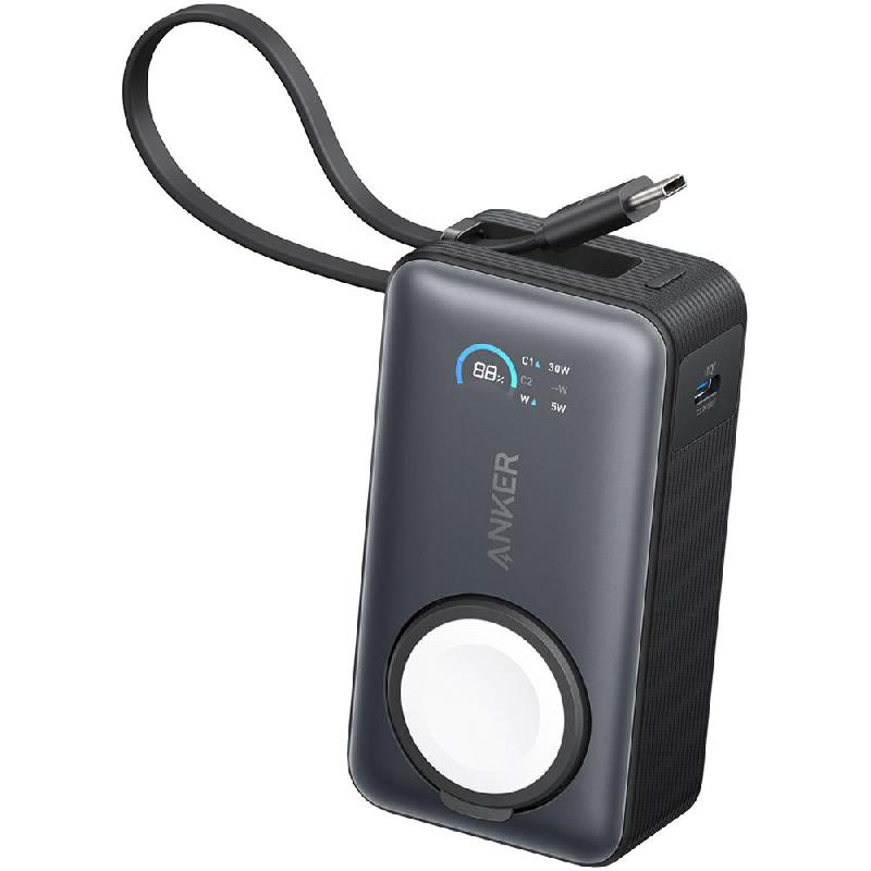 Anker Nano Power Bank 10K mAh 30W with Built-In USB-C Cable, Foldable Apple Watch Charger, Fast Battery Charging, 10000 mAh, Single USB-C (I/O Charging), Black