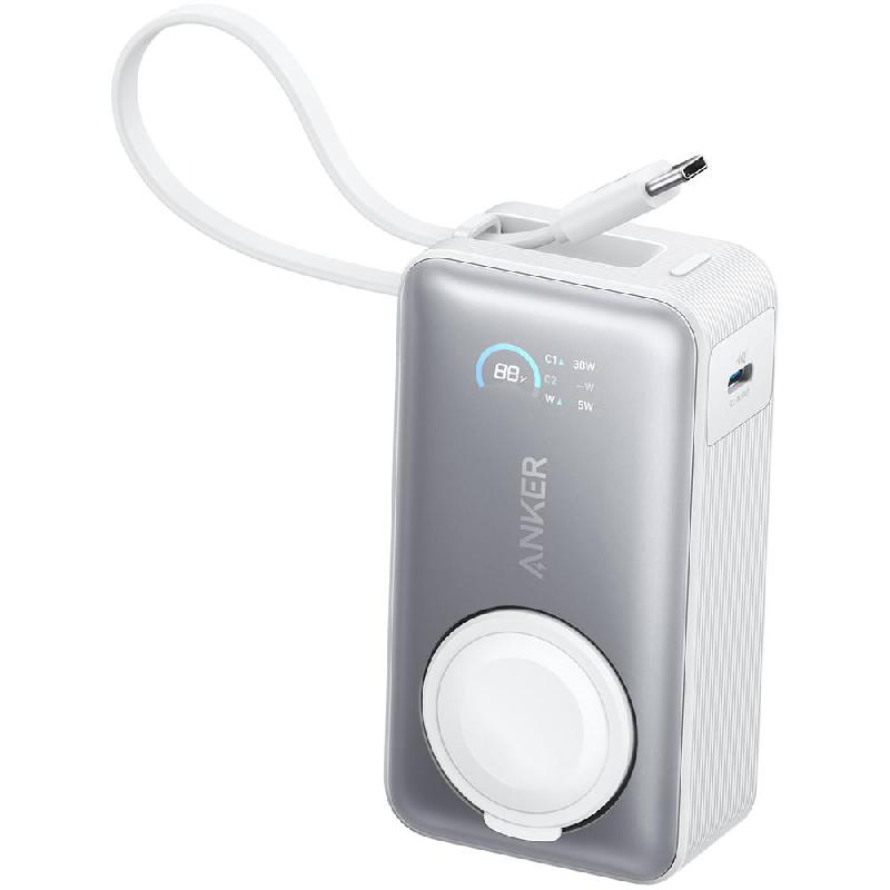 Anker Nano Power Bank 10K mAh 30W with Built-In USB-C Cable, Foldable Apple Watch Charger, Fast Battery Charging, 10000 mAh, Single USB-C (I/O Charging), White