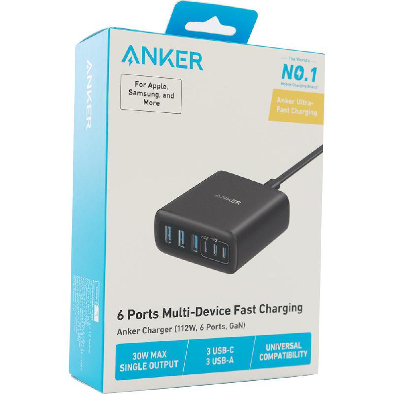 Anker Desktop Charger (GaN), PowerIQ 3.0, 112 Watts, 6 USB (3X USB-C/3X USB), Black — 2